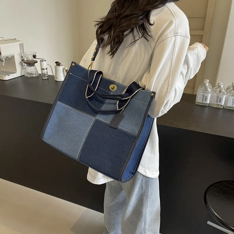 Yalu Denim Tote Bag, Shopping Bag, Handbag Regular Women's Black/White/Blue-11