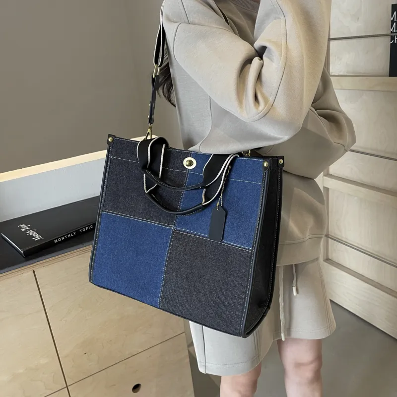 Yalu Denim Tote Bag, Shopping Bag, Handbag Regular Women's Black/White/Blue-1