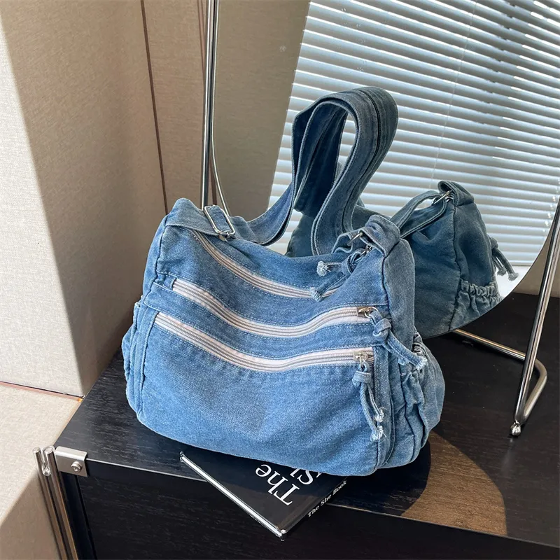 Yalu Denim Shoulder Bag Regular Women's Black/Light Blue/Dark Blue-10