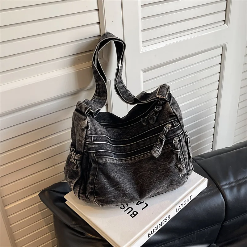 Yalu Denim Shoulder Bag Regular Women's Black/Light Blue/Dark Blue-4