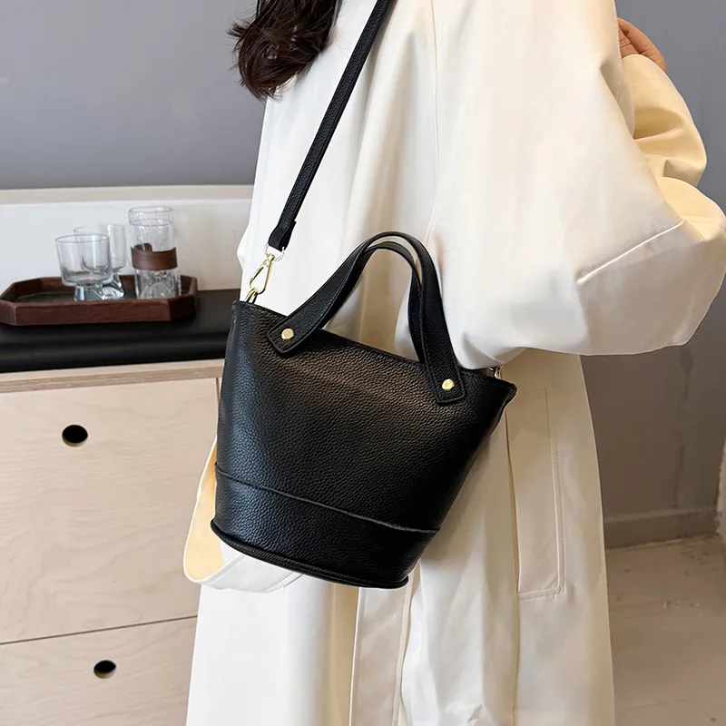Yalu Top Grain Cow Leather Bucket Bag, One Shoulder Handbag Regular Women's Multicolor-6