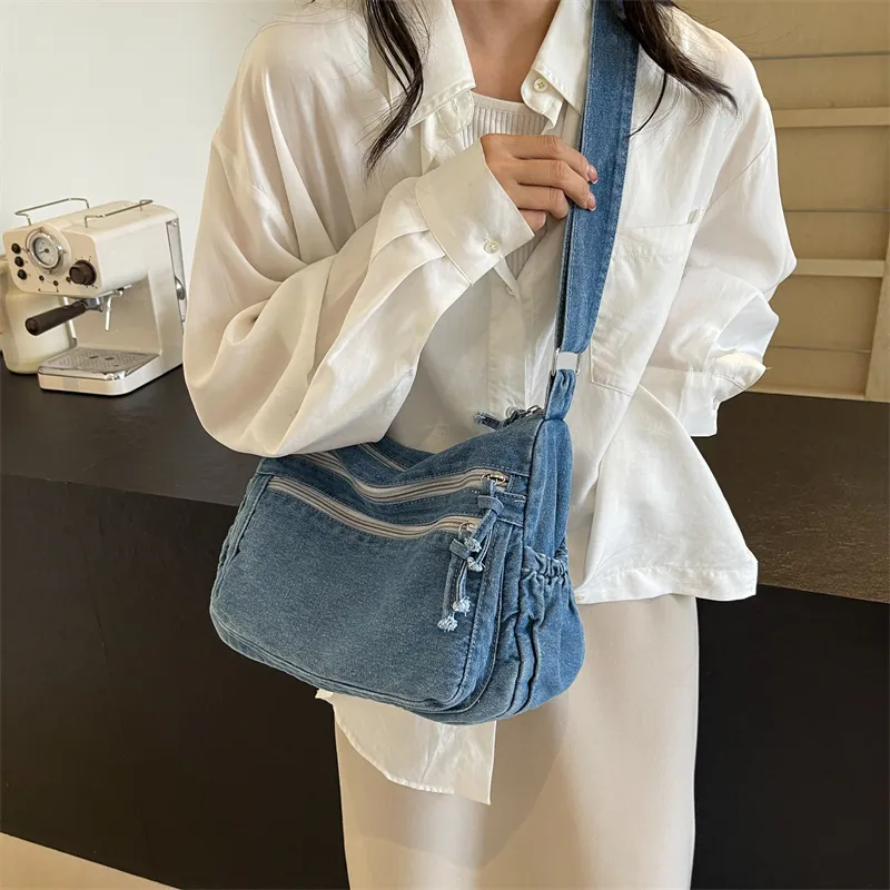 Yalu Denim Shoulder Bag Regular Women's Black/Light Blue/Dark Blue-7