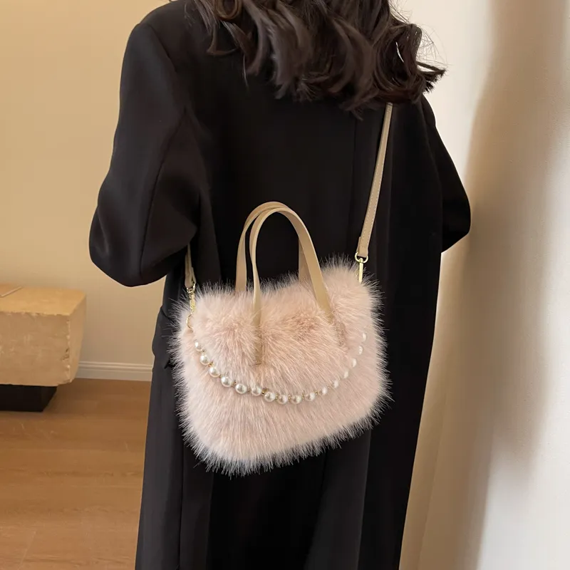 Yalu Plush Shoulder Bag, Crossbody Bag, Handbag Regular Women's Ecru/Black/Coffee/Pink-14