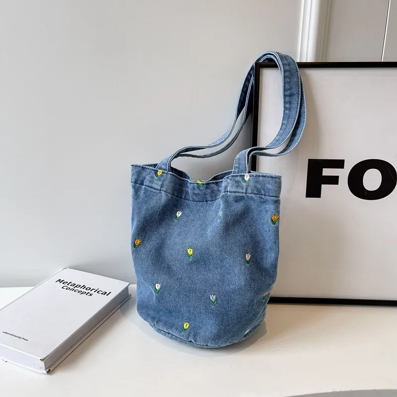 Yalu Denim Shoulder Bag Regular Women's Black/Dark Blue/Light Blue-5