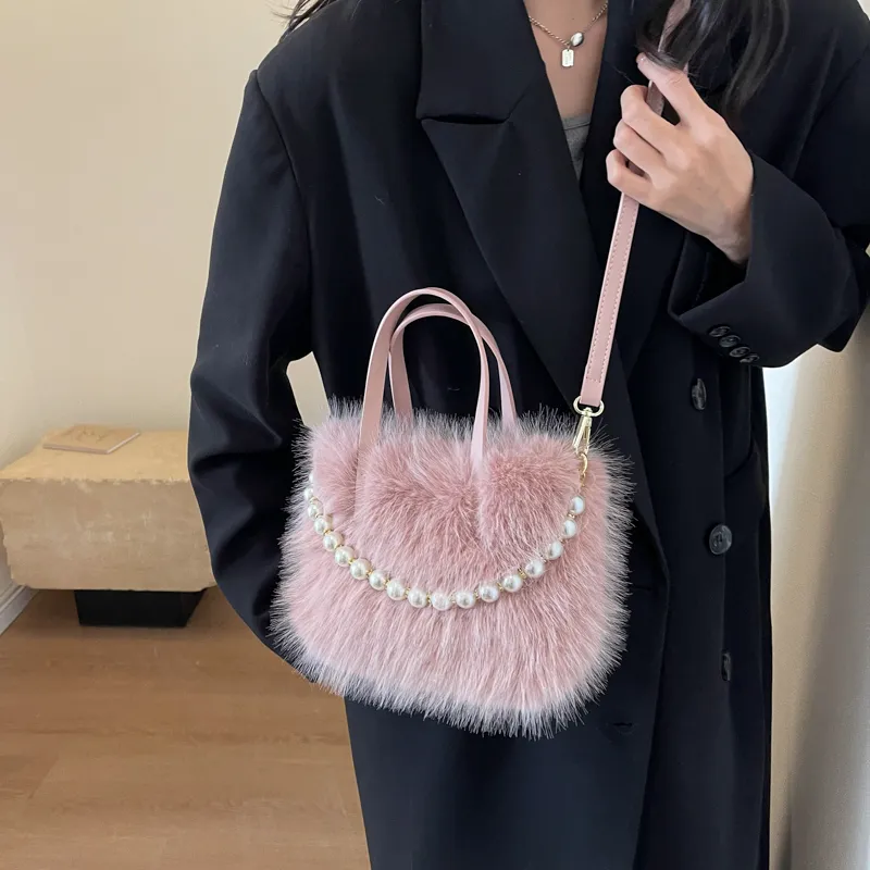 Yalu Plush Shoulder Bag, Crossbody Bag, Handbag Regular Women's Ecru/Black/Coffee/Pink-9