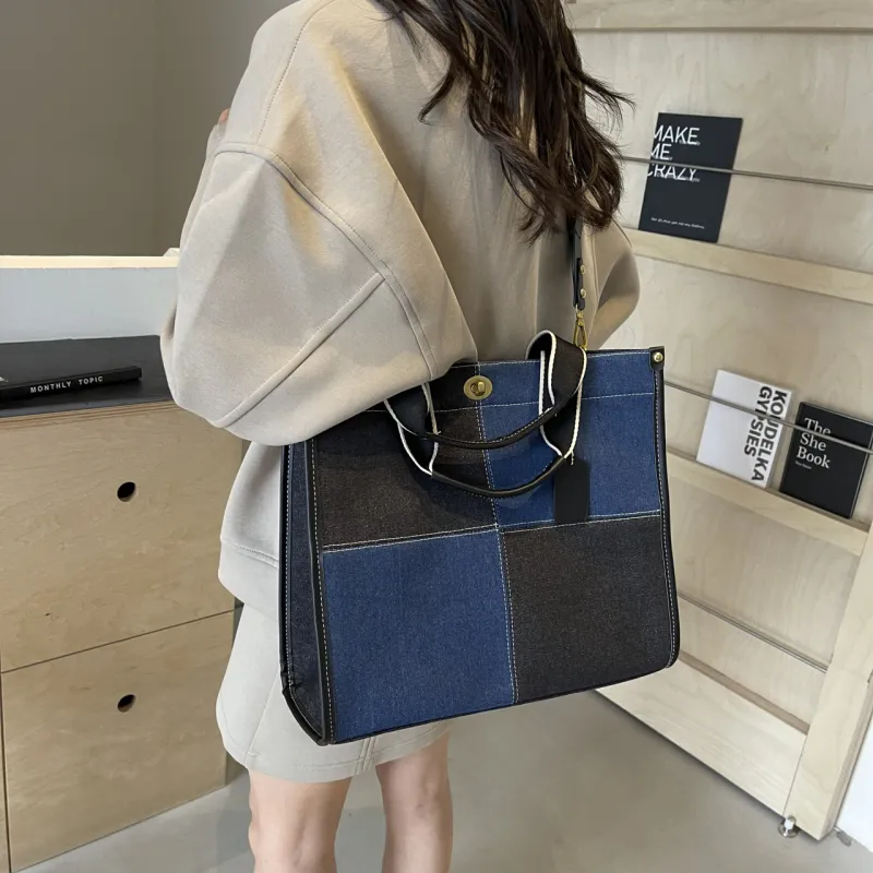 Yalu Denim Tote Bag, Shopping Bag, Handbag Regular Women's Black/White/Blue-2