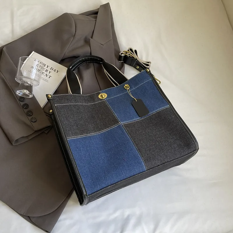 Yalu Denim Tote Bag, Shopping Bag, Handbag Regular Women's Black/White/Blue-4