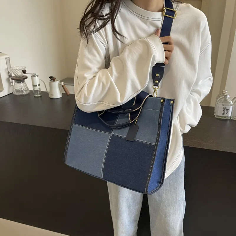 Yalu Denim Tote Bag, Shopping Bag, Handbag Regular Women's Black/White/Blue-12