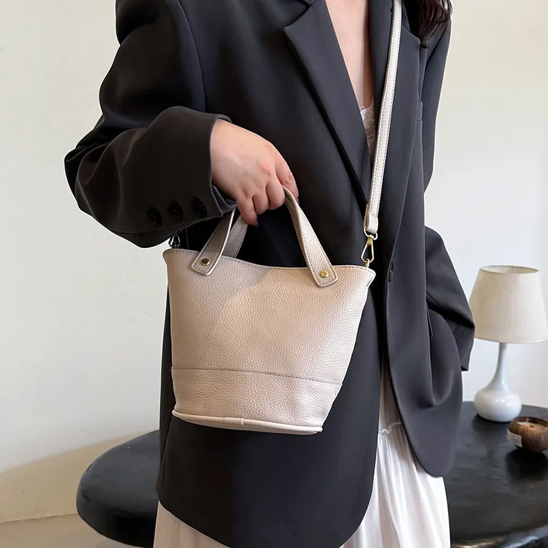 Yalu Top Grain Cow Leather Bucket Bag, One Shoulder Handbag Regular Women's Multicolor-11