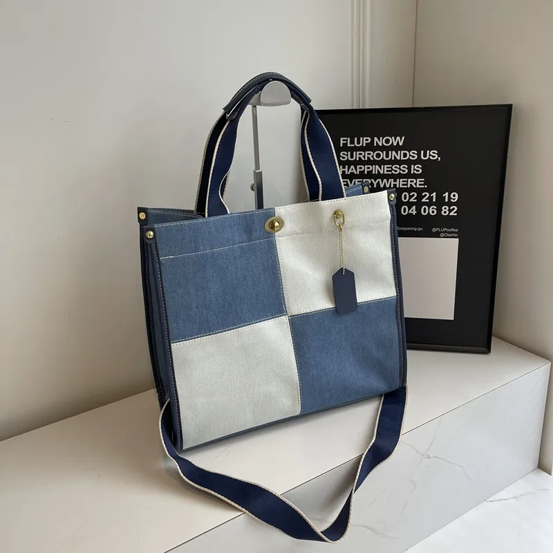 Yalu Denim Tote Bag, Shopping Bag, Handbag Regular Women's Black/White/Blue-8