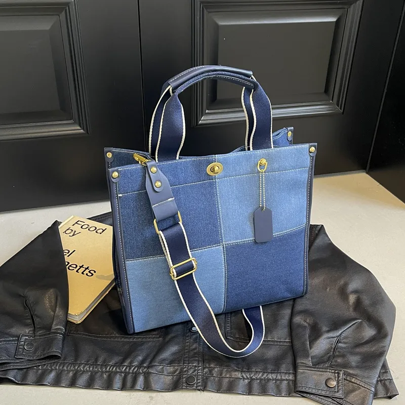 Yalu Denim Tote Bag, Shopping Bag, Handbag Regular Women's Black/White/Blue-13