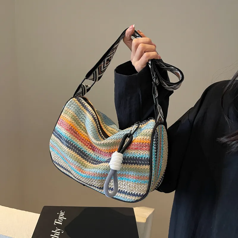 Yalu Straw Woven Shoulder Bag Regular Women's White/Black-7