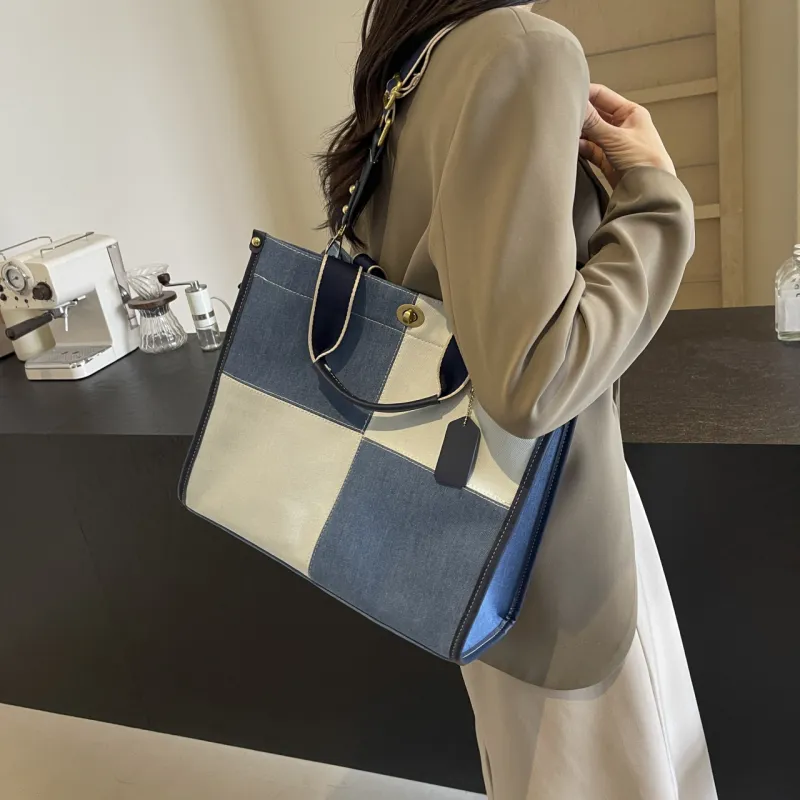 Yalu Denim Tote Bag, Shopping Bag, Handbag Regular Women's Black/White/Blue-6