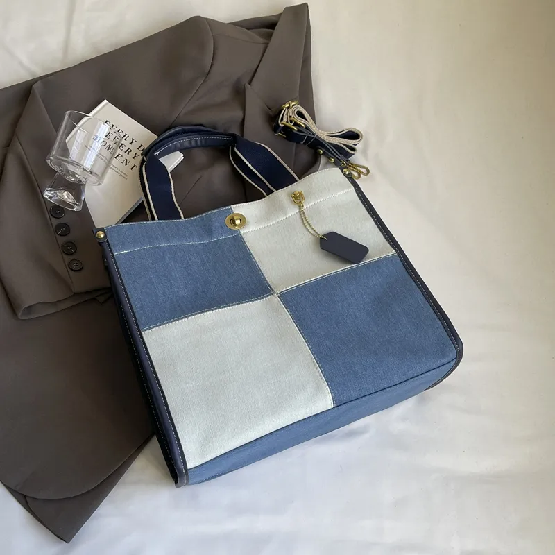Yalu Denim Tote Bag, Shopping Bag, Handbag Regular Women's Black/White/Blue-9