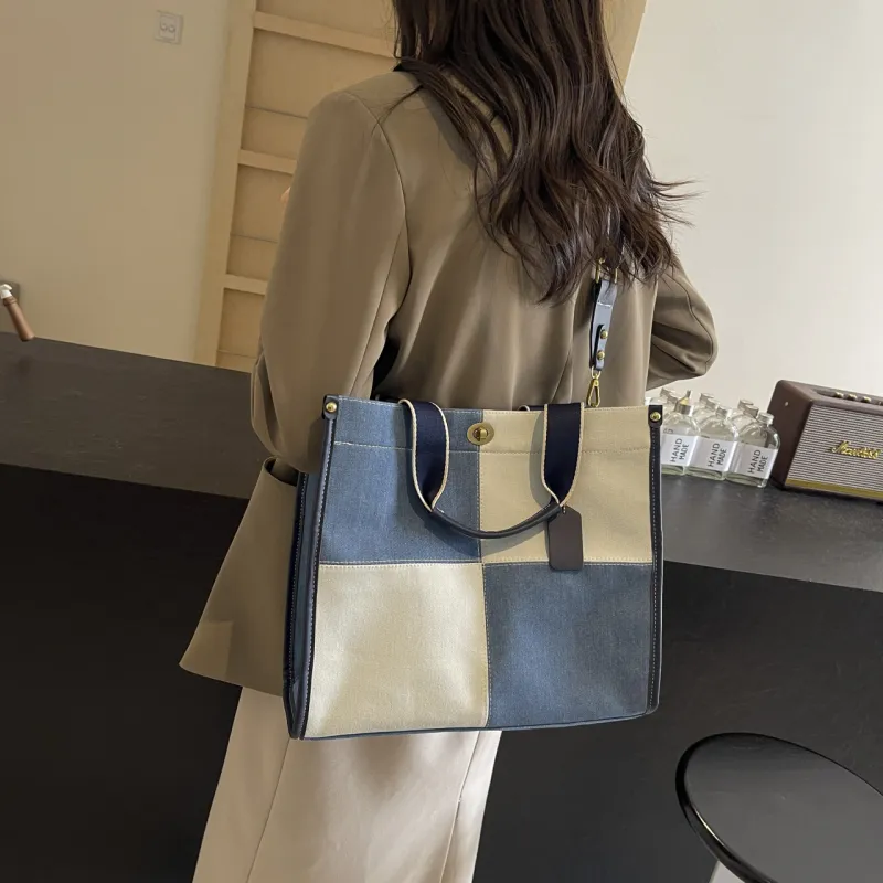 Yalu Denim Tote Bag, Shopping Bag, Handbag Regular Women's Black/White/Blue-7