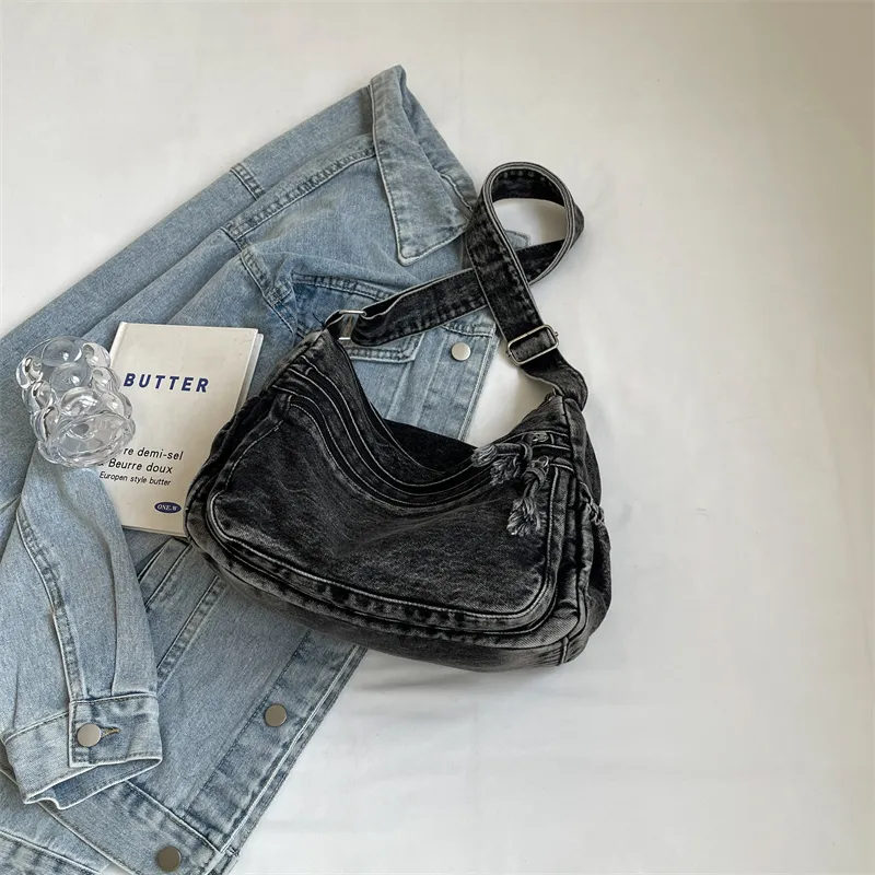 Yalu Denim Shoulder Bag Regular Women's Black/Light Blue/Dark Blue-5