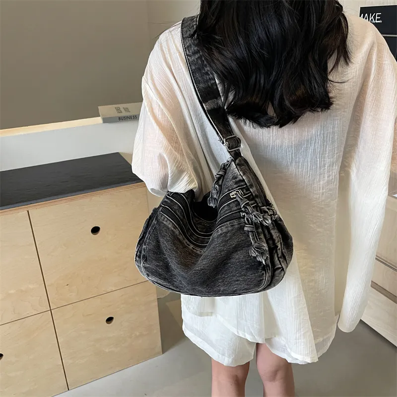 Yalu Denim Shoulder Bag Regular Women's Black/Light Blue/Dark Blue-2