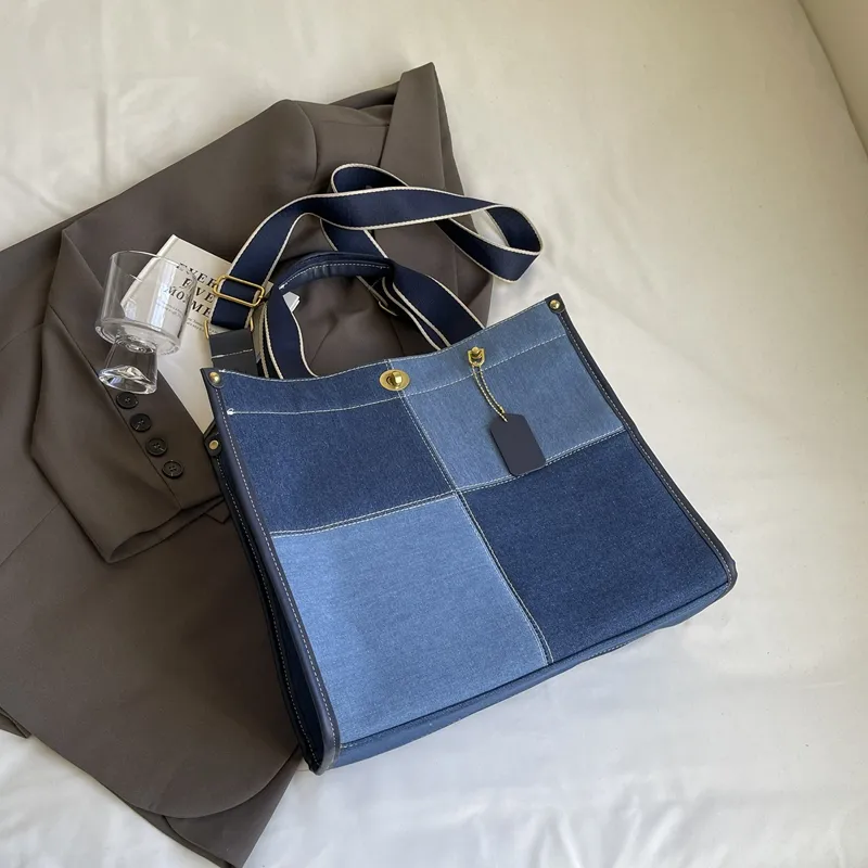 Yalu Denim Tote Bag, Shopping Bag, Handbag Regular Women's Black/White/Blue-14
