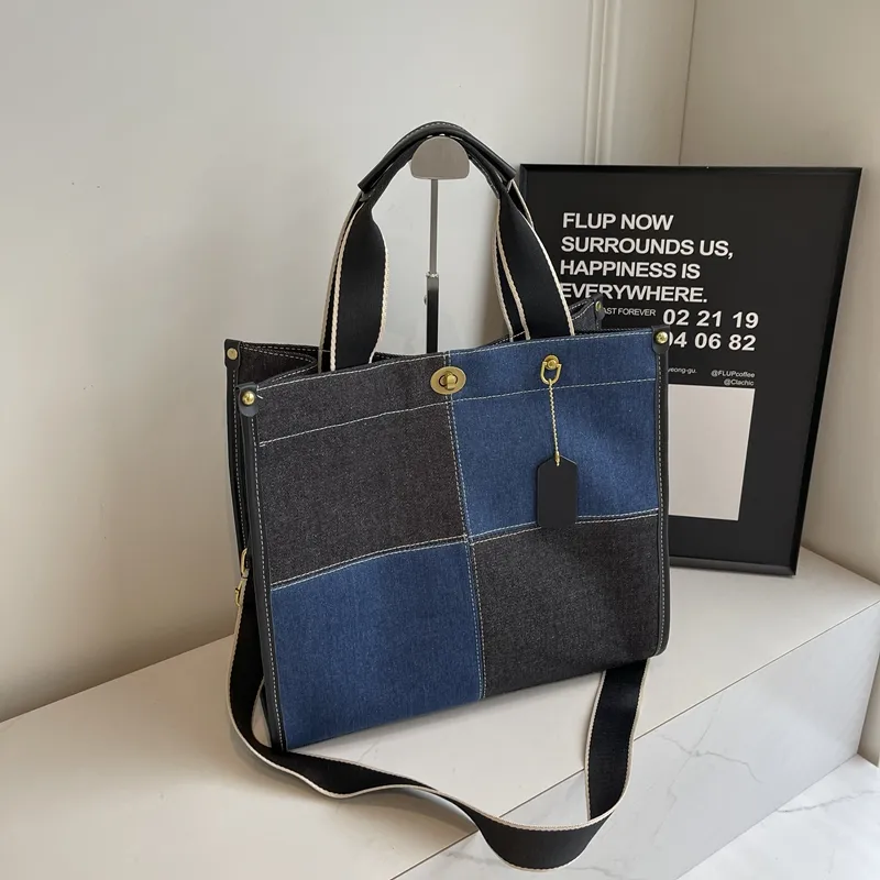 Yalu Denim Tote Bag, Shopping Bag, Handbag Regular Women's Black/White/Blue-3