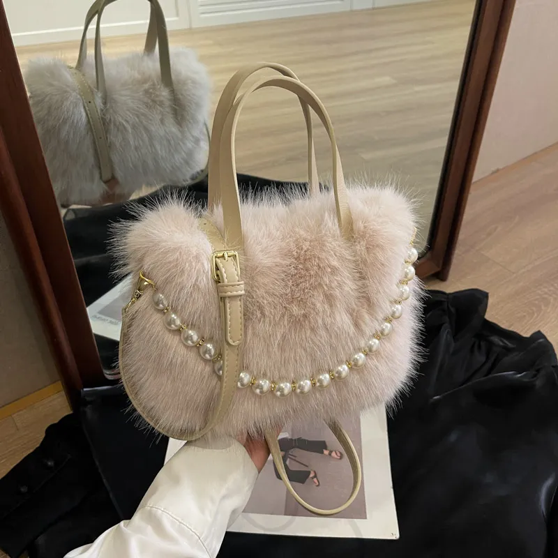 Yalu Plush Shoulder Bag, Crossbody Bag, Handbag Regular Women's Ecru/Black/Coffee/Pink-15