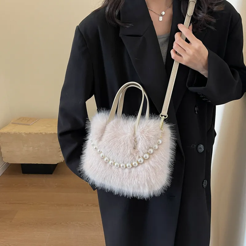 Yalu Plush Shoulder Bag, Crossbody Bag, Handbag Regular Women's Ecru/Black/Coffee/Pink-13