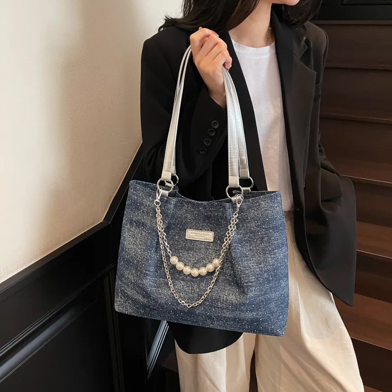 Bueno Oxford Shoulder Bag Women's Denim Blue, Sky Blue, Black, Royal Blue-10