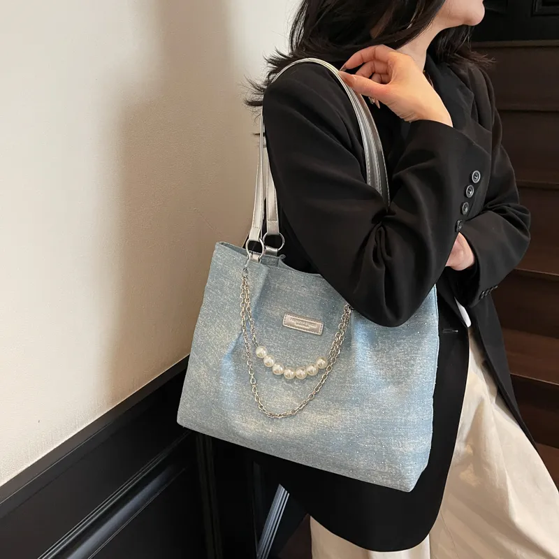 Bueno Oxford Shoulder Bag Women's Denim Blue, Sky Blue, Black, Royal Blue-5
