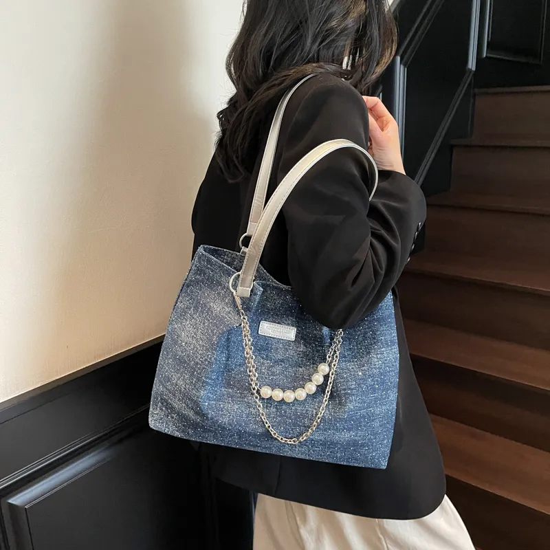 Bueno Oxford Shoulder Bag Women's Denim Blue, Sky Blue, Black, Royal Blue-12