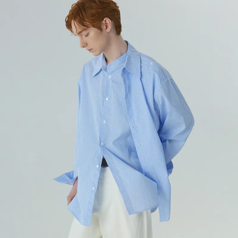TOKUHON Shirts Men Blue Stripes Pattern-5