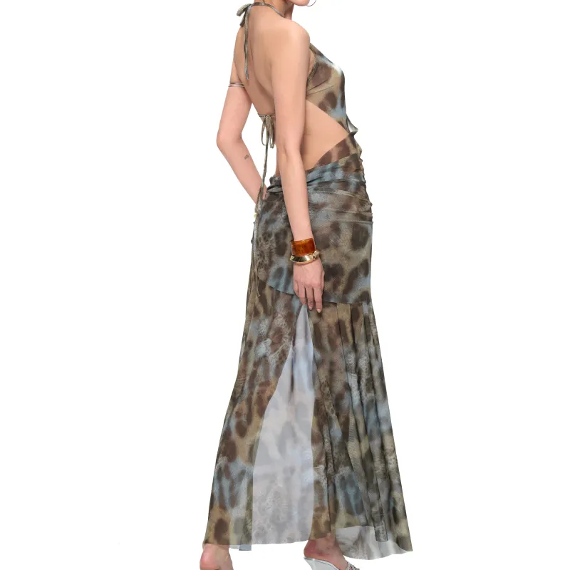 JYOSEI Slip Dresses Women's Blue Brown Leopard Print-3