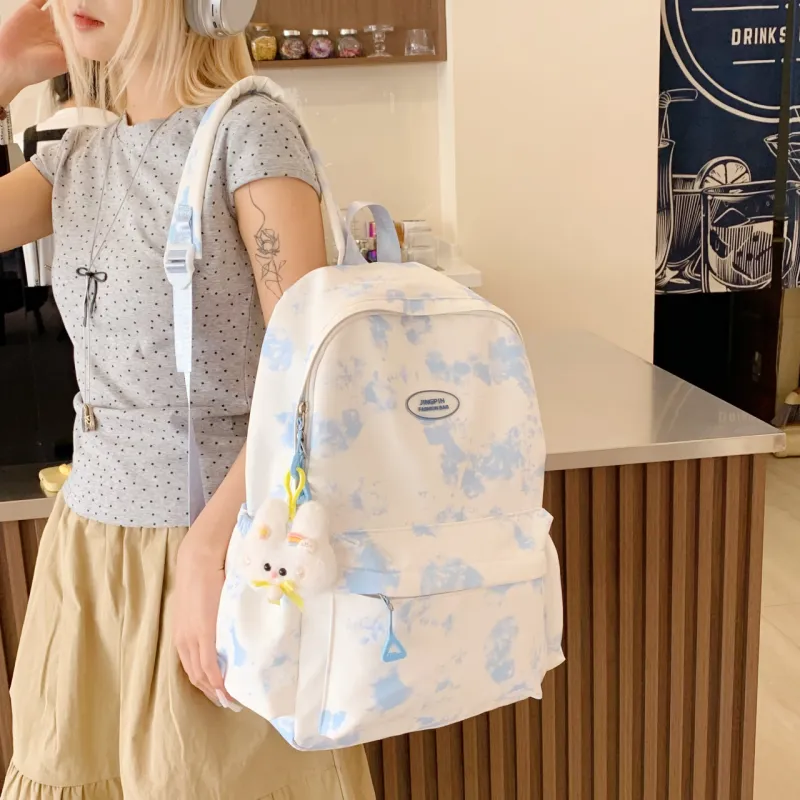 SURELAPTOP Nylon Fabric Backpack Women's Sky Blue/Khaki-4