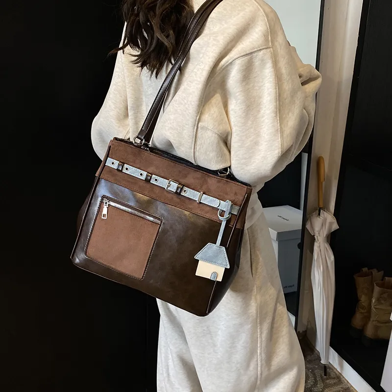 SURELAPTOP PU Shoulder Bag Tote Handbag Women's Black/Brown-9