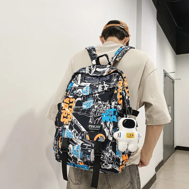 SURELAPTOP Nylon Backpack Unisex Black/Blue & White/Orange & White-26