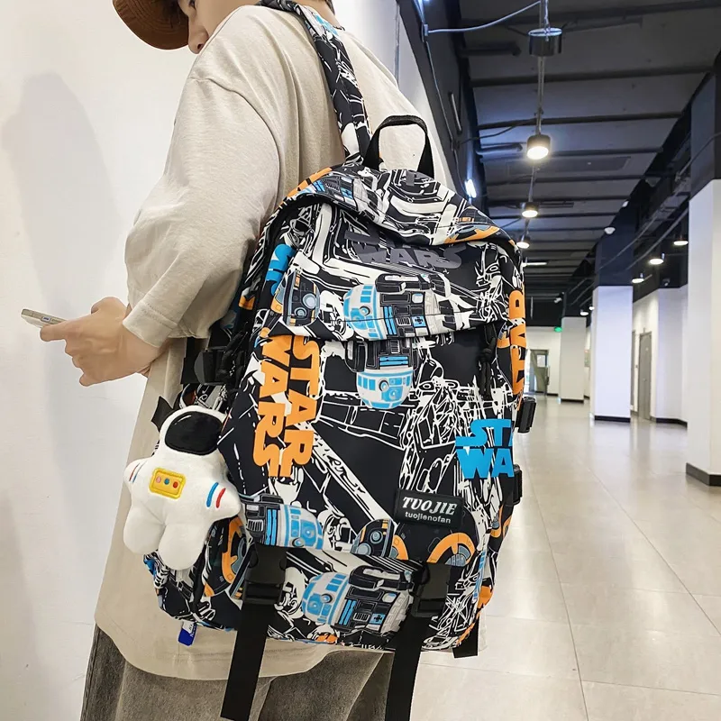 SURELAPTOP Nylon Backpack Unisex Black/Blue & White/Orange & White-29