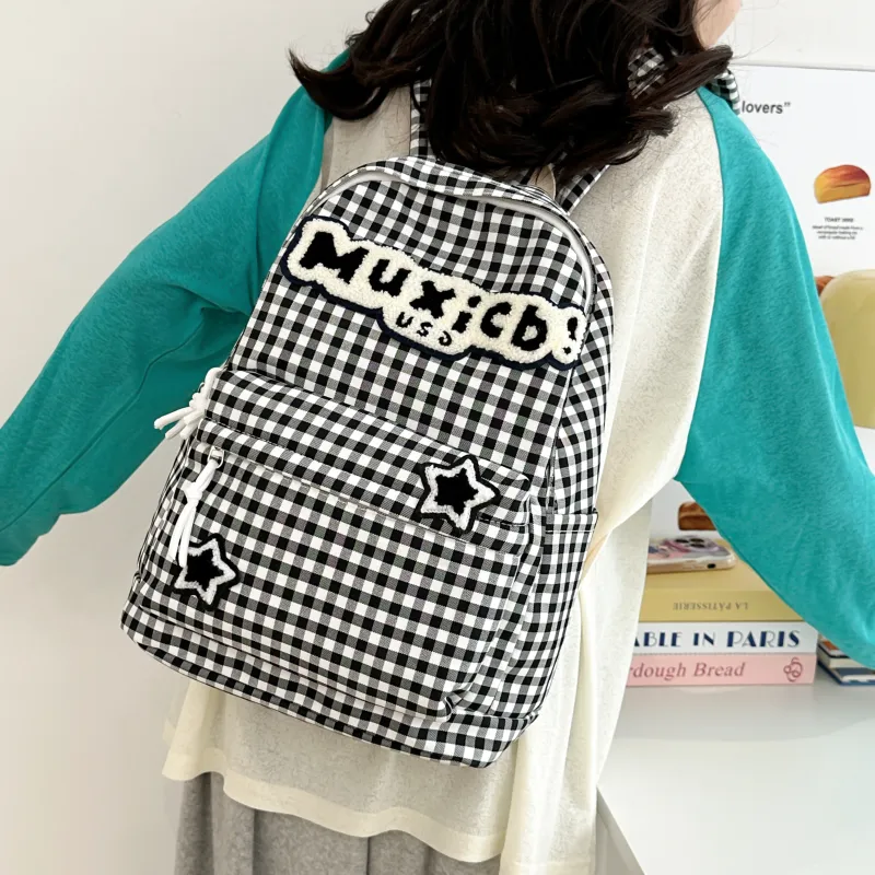 SURELAPTOP Nylon Backpack Women's Red White Plaid/Black White Plaid-2