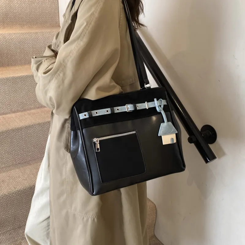 SURELAPTOP PU Shoulder Bag Tote Handbag Women's Black/Brown-2