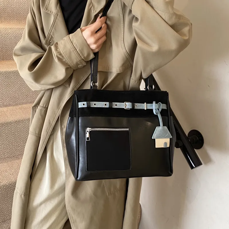 SURELAPTOP PU Shoulder Bag Tote Handbag Women's Black/Brown-4
