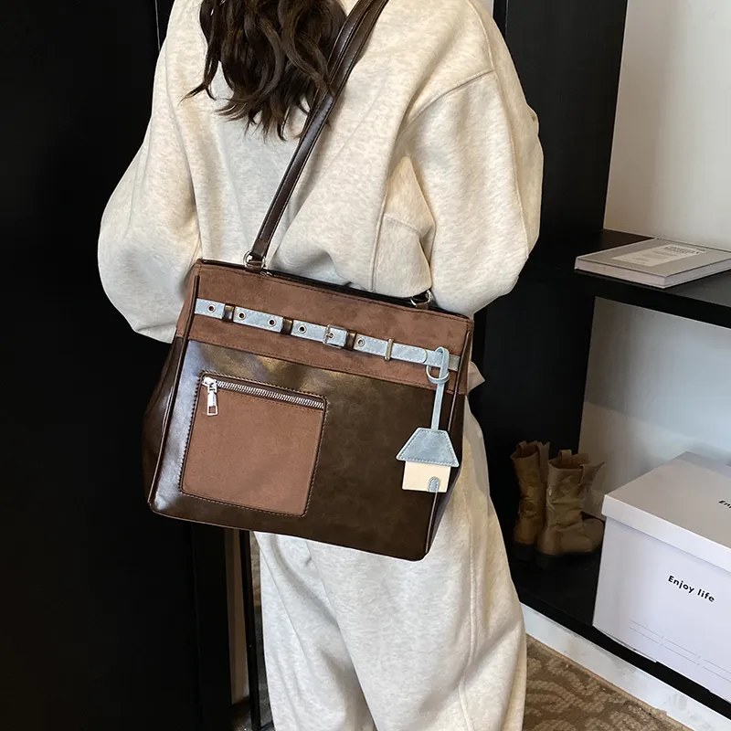 SURELAPTOP PU Shoulder Bag Tote Handbag Women's Black/Brown-8