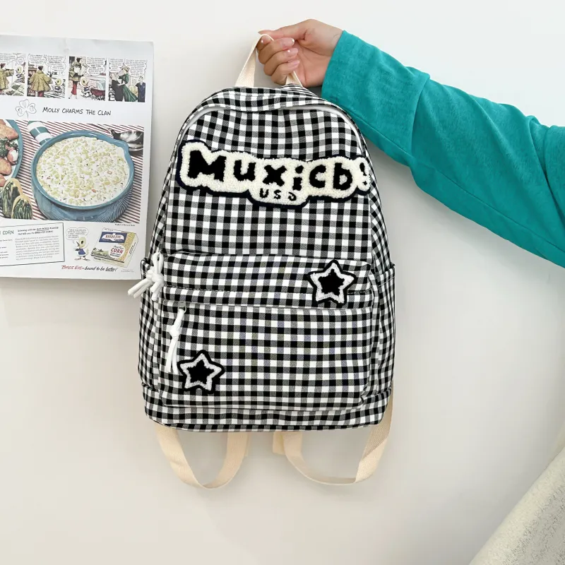 SURELAPTOP Nylon Backpack Women's Red White Plaid/Black White Plaid-3