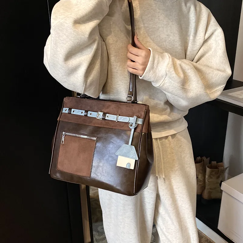 SURELAPTOP PU Shoulder Bag Tote Handbag Women's Black/Brown-7