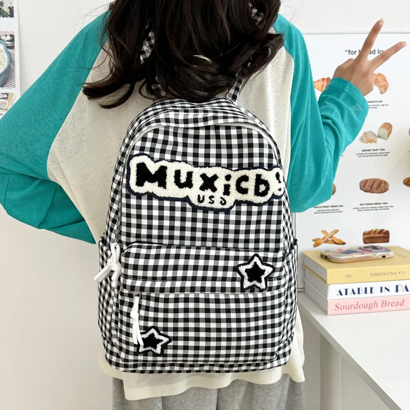 SURELAPTOP Nylon Backpack Women's Red White Plaid/Black White Plaid-4