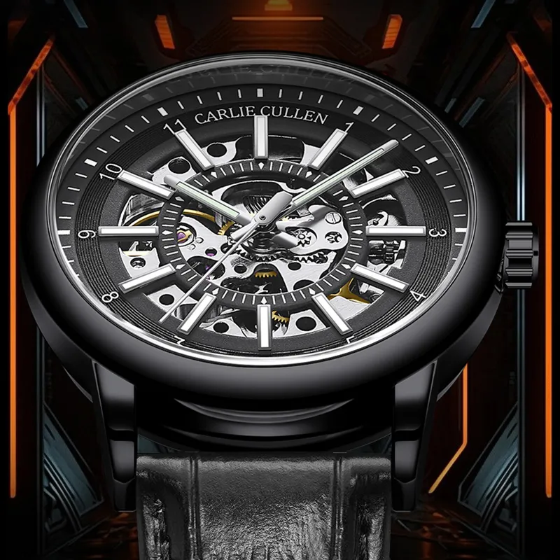 CARLIECULLEN Black Knight Series Automatic Mechanical Movement Genuine Leather Strap Watch Men's Watches Black Dial-26
