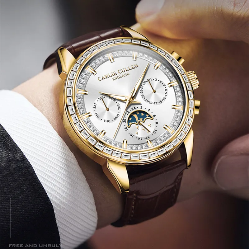 CARLIECULLEN Automatic Mechanical Movement Genuine Leather Strap Watch Men's Watches White Dial-10