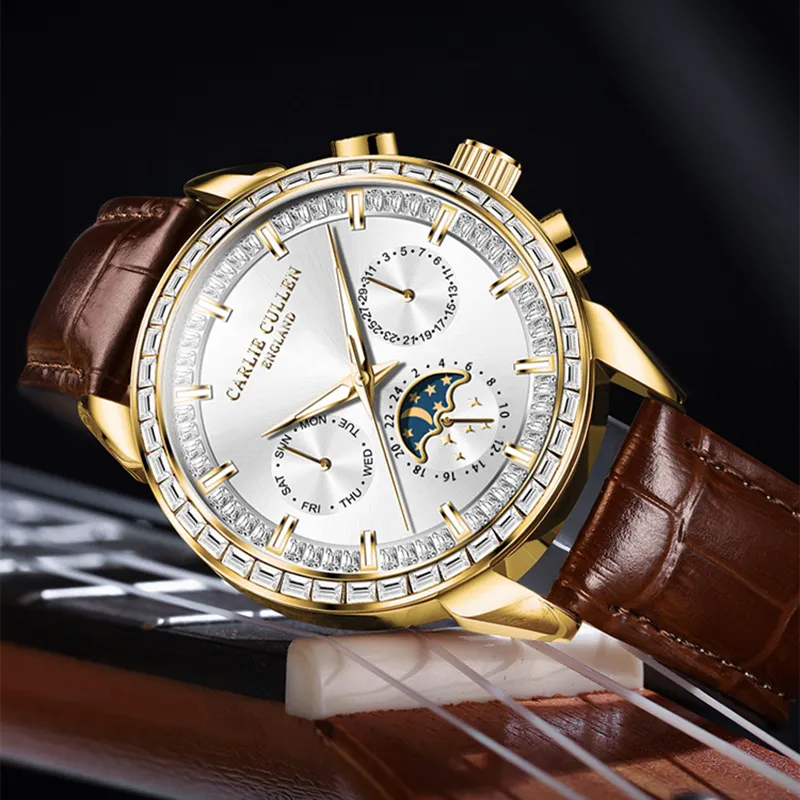 CARLIECULLEN Automatic Mechanical Movement Genuine Leather Strap Watch Men's Watches White Dial-11