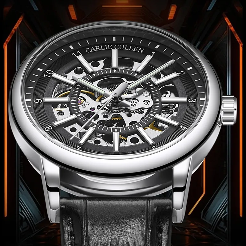 CARLIECULLEN Black Knight Series Automatic Mechanical Movement Genuine Leather Strap Watch Men's Watches Black Dial-46