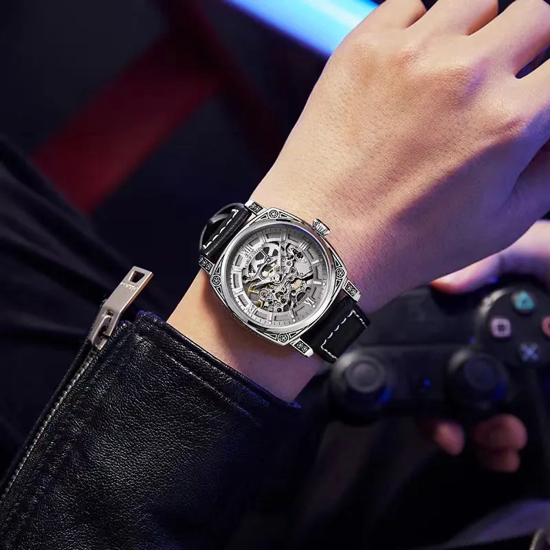 CARLIECULLEN Automatic Mechanical Movement Genuine Leather Strap Watch Men's Watches Gray Dial-5