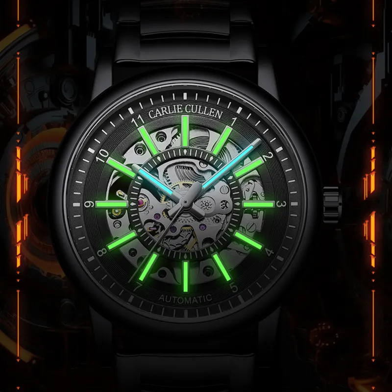 CARLIECULLEN Black Knight Series Automatic Mechanical Movement Stainless Steel Watchband Watch Men's Watches Black Dial-15