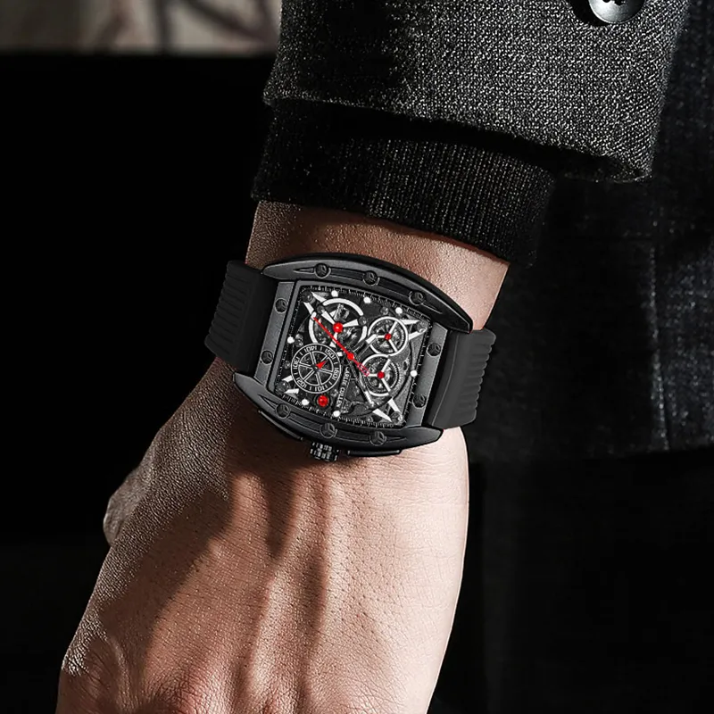 CARLIECULLEN Tourbillon Double Sided Cut Out Mechanical Movement Silicone Strap Watch Men's Watches Black Dial-8