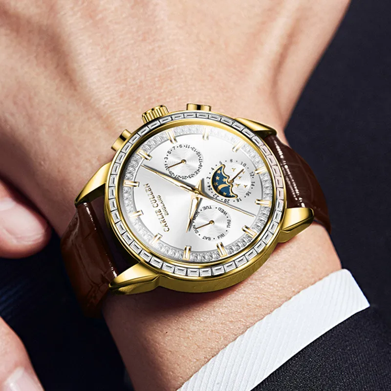 CARLIECULLEN Automatic Mechanical Movement Genuine Leather Strap Watch Men's Watches White Dial-6