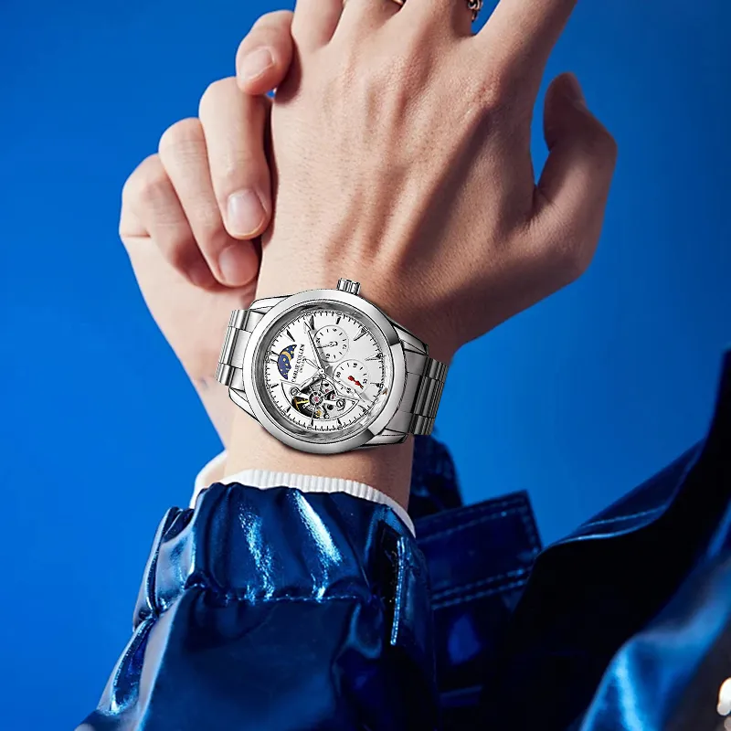 CARLIECULLEN Automatic Mechanical Movement Steel Strap Watch Men's Watches White Dial-21